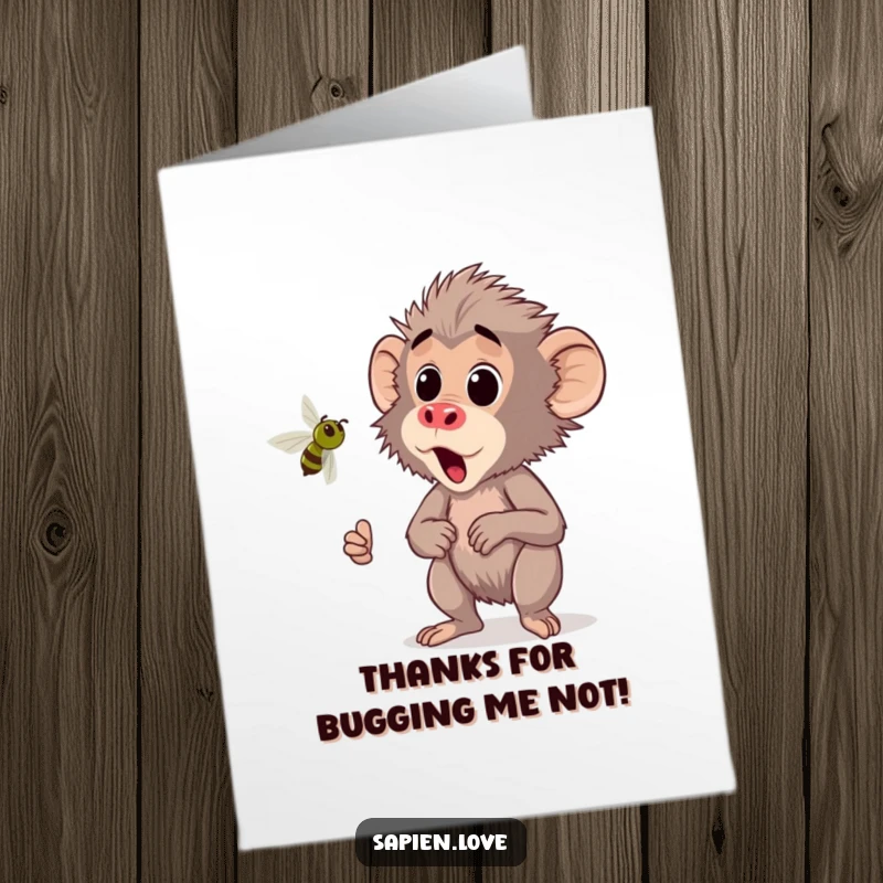Funny Free Printable Thank You Card: Kawaii baboon looking alarmed at a small, buzzing insect, a comical thank you.