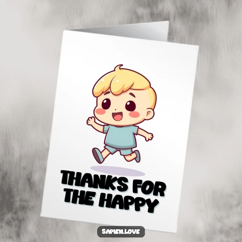 Funny Free Printable Thank You Card: Character depicted with an excited bounce, conveying sincere thanks.