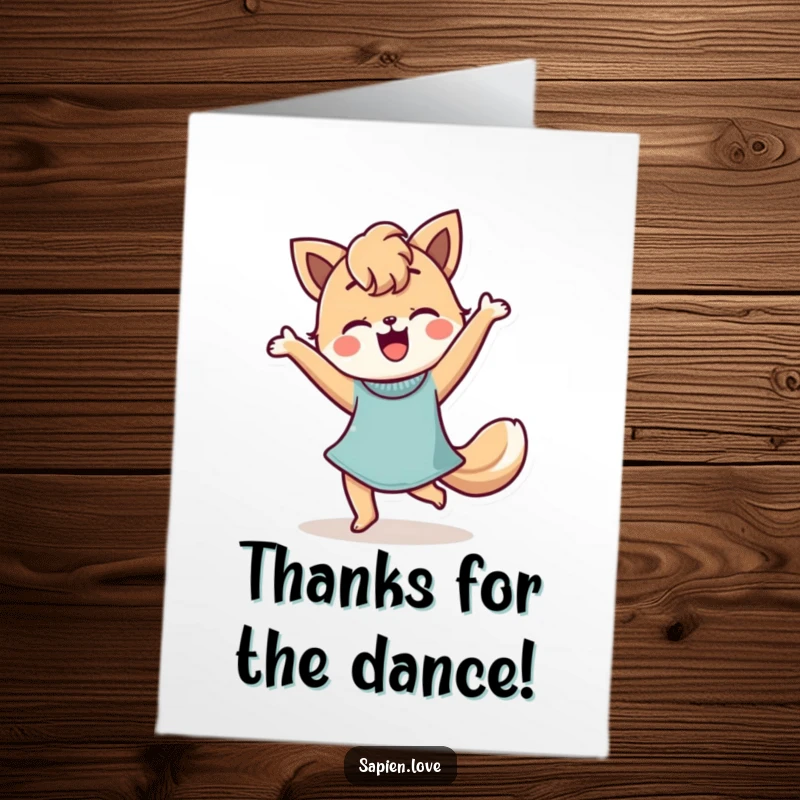 Funny Free Printable thank you card of a stylized person with animal features performing a happy dance.