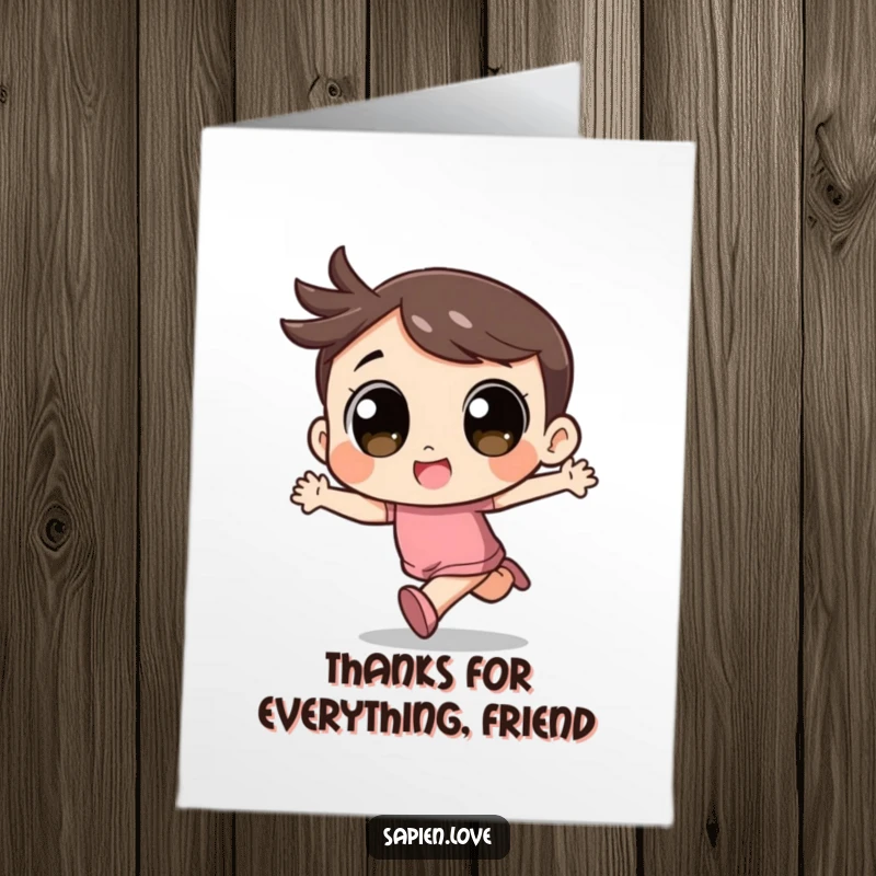Funny free printable thank you card: a cute kawaii character running with pure excitement, conveying heartfelt thanks.