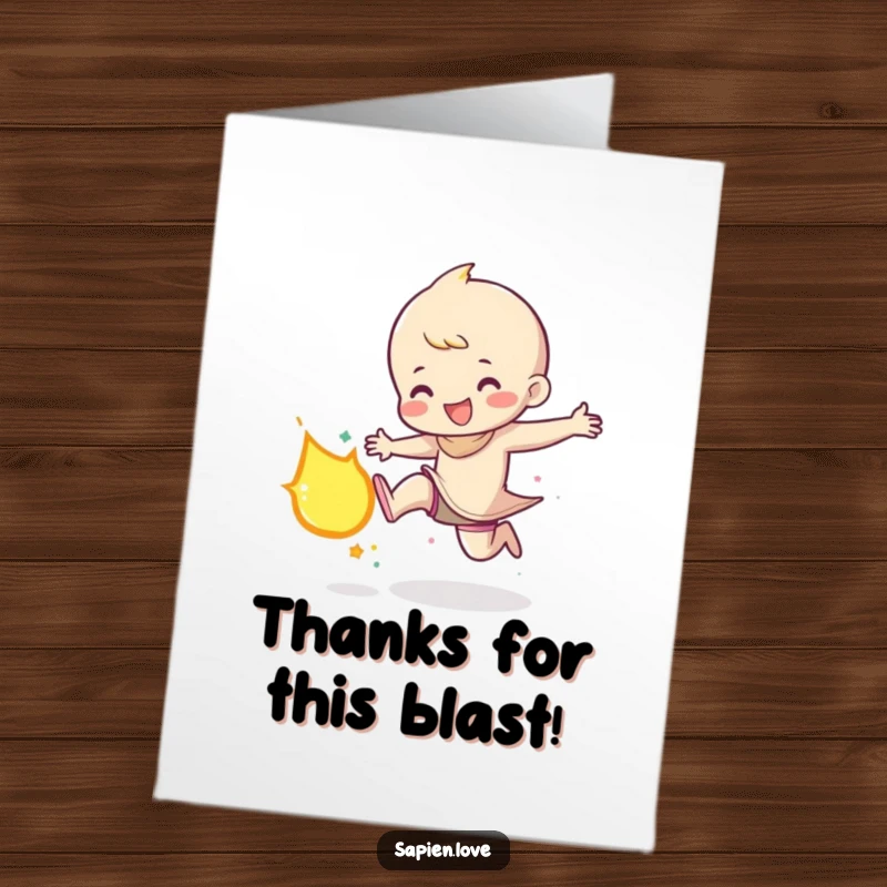 Humorous free printable thank you card of a character gleefully kicking a small, glowing meteor, signifying immense and powerful thanks.