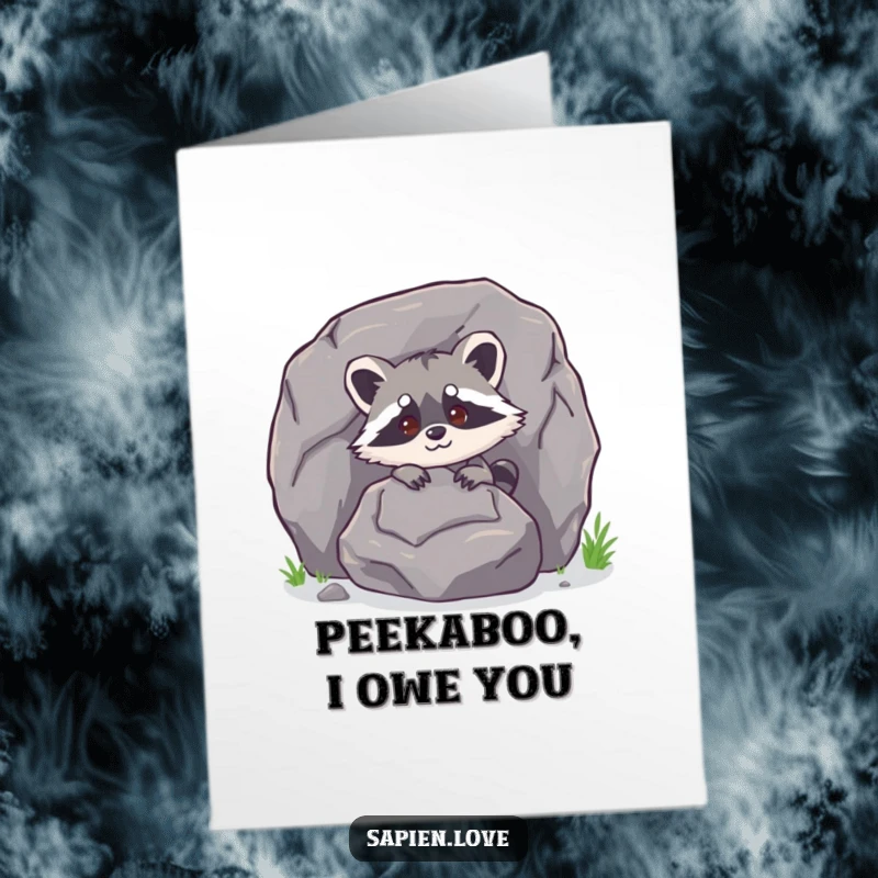 Funny Free Printable Thank You Card: A happy raccoon peeks from behind a rock with a thankful expression.