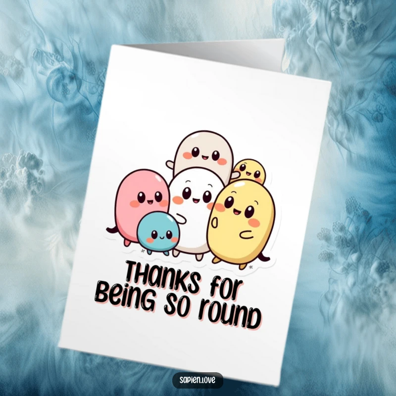 Funny Free Printable Thank You Card: Abstract rounded shapes with simple eyes interact playfully, sending warm thanks.