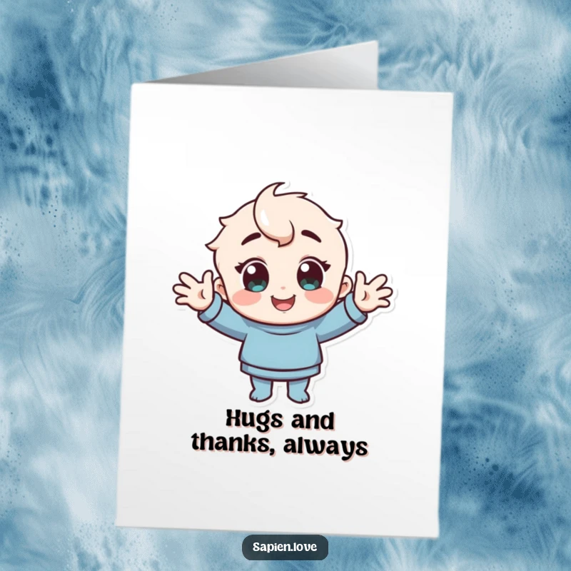 Funny free printable thank you card: a character radiating happiness, opening their arms wide for a heartfelt, welcoming thank you.