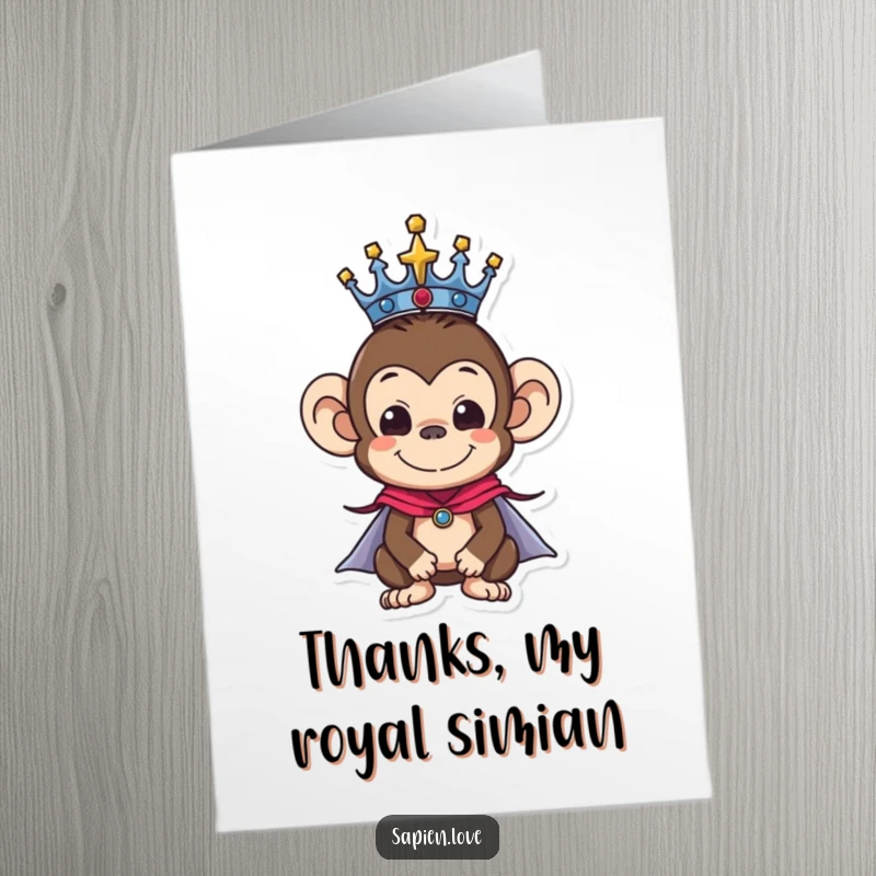 Funny Free Printable Thank You Card: A crowned monkey in a cape offers a gesture of thanks.