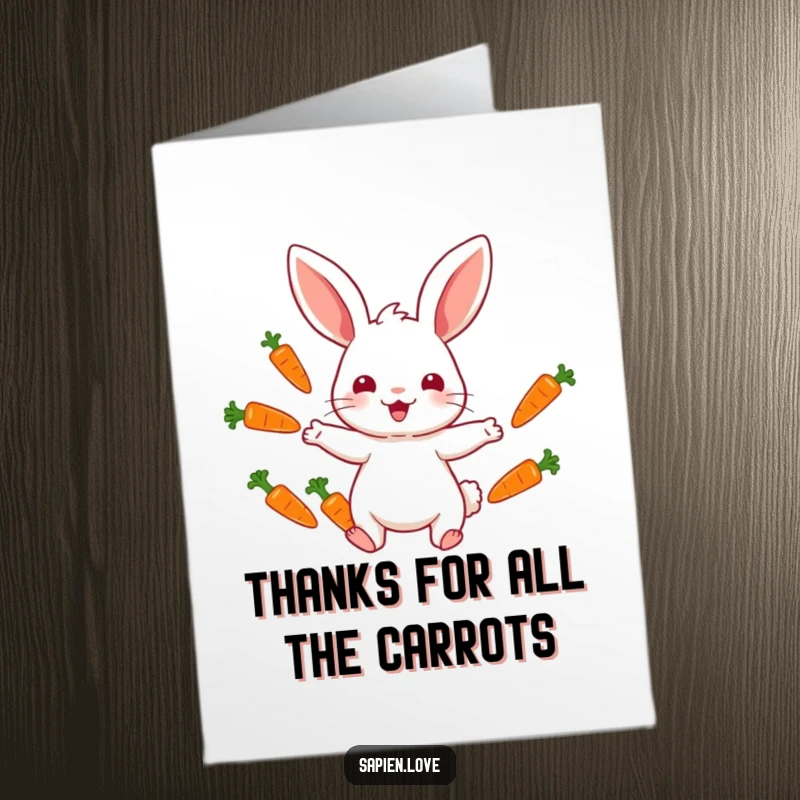 Funny Free Printable Thank You Card: A happy rabbit juggles colorful carrots as a gesture of thanks.