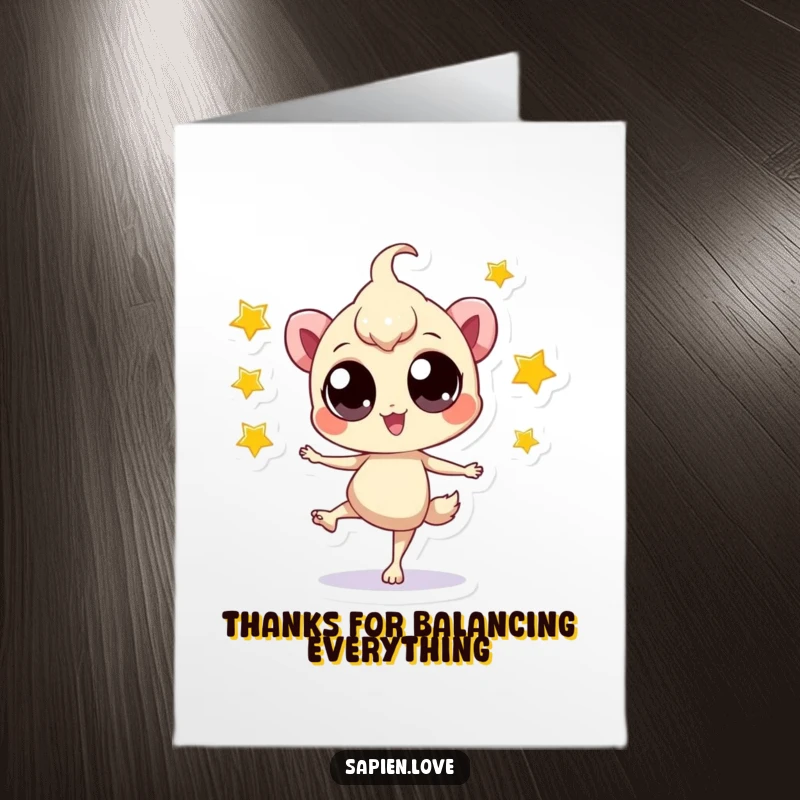 Funny Free Printable Thank You Card: Playful creature with big eyes, balancing and juggling stars with thanks.