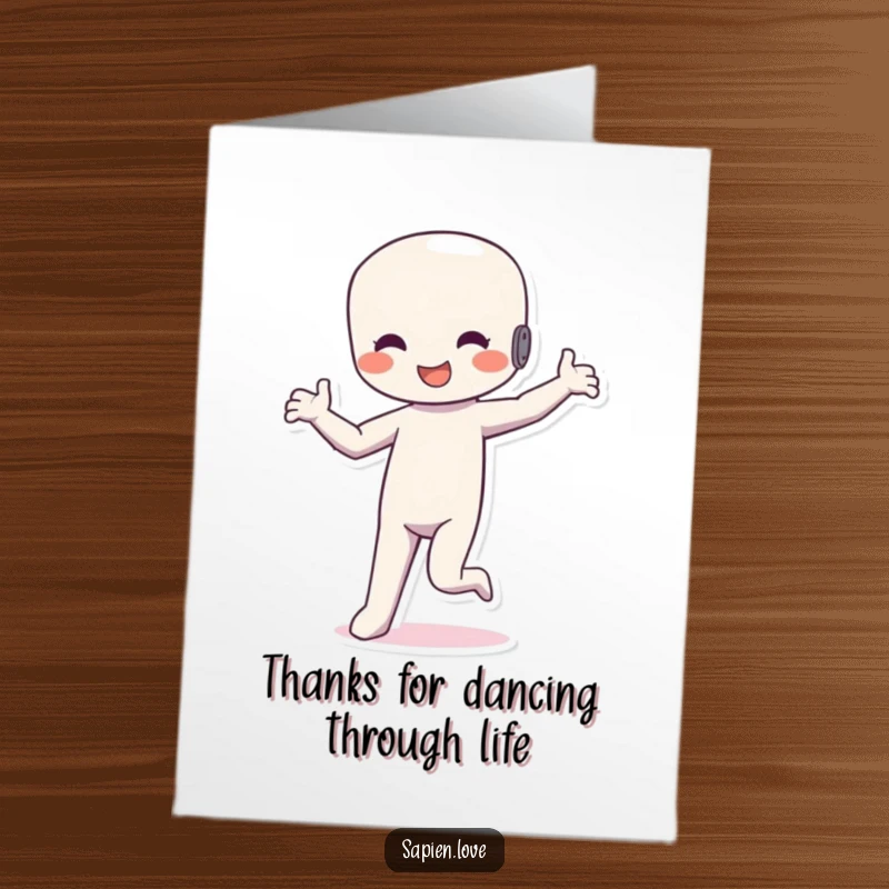 Funny Free Printable Thank You Card: Happy humanoid figure doing a silly dance to express thanks.