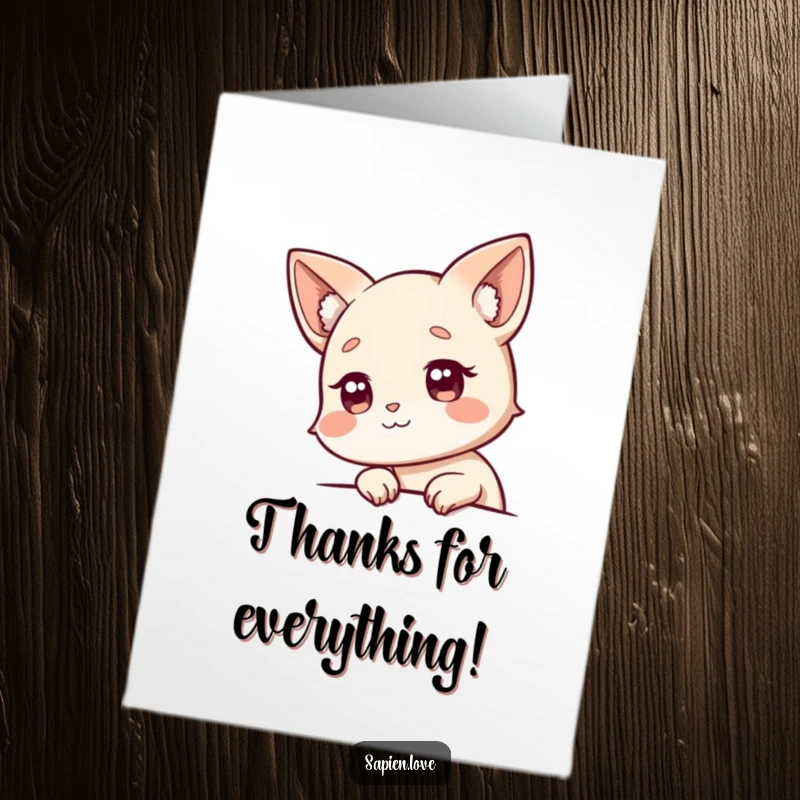 Funny Free Printable Thank You Card: A curious character with animal ears peeks around a corner, offering a cheerful greeting.