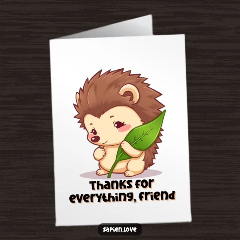 Free printable thank you card showcasing a curious hedgehog character observing a leaf, symbolizing thoughtful appreciation.