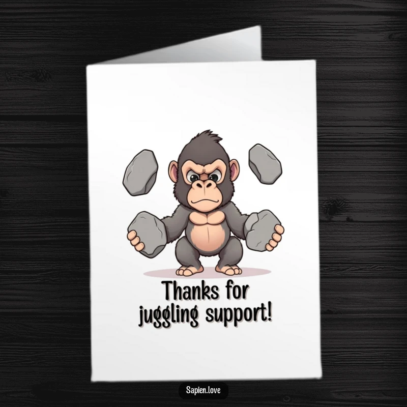 Funny Free Printable Thank You Card: A determined kawaii gorilla struggling but succeeding at juggling large stones, a strong thanks.