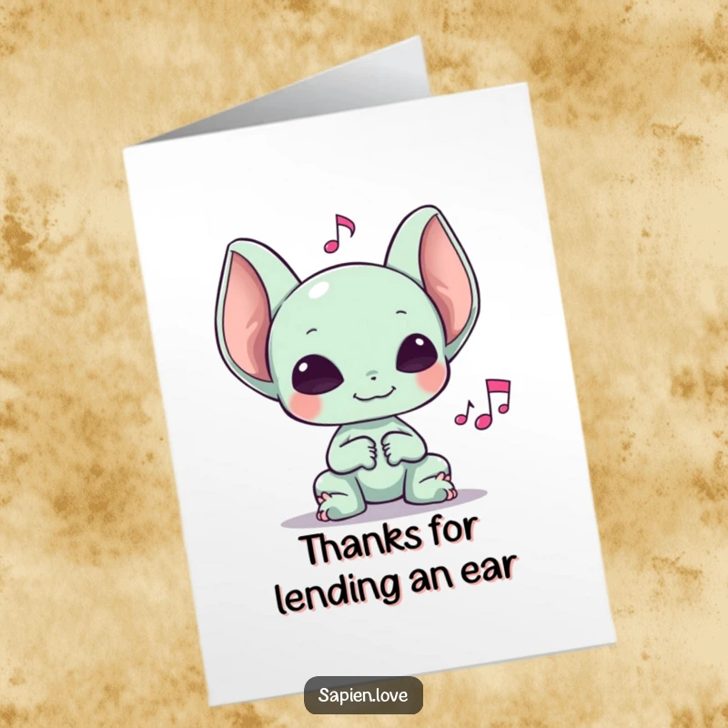 Funny Free Printable Thank You Card: A happy alien with large ears listens intently to a musical note.