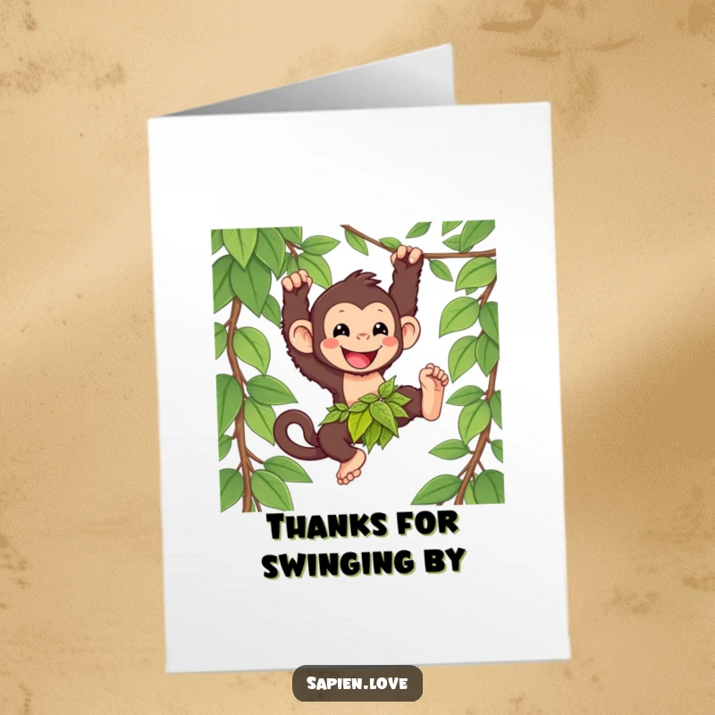 Funny Free Printable Thank You Card: Happy kawaii primate swinging from a vine, perfect for a fun, DIY expression of thanks.