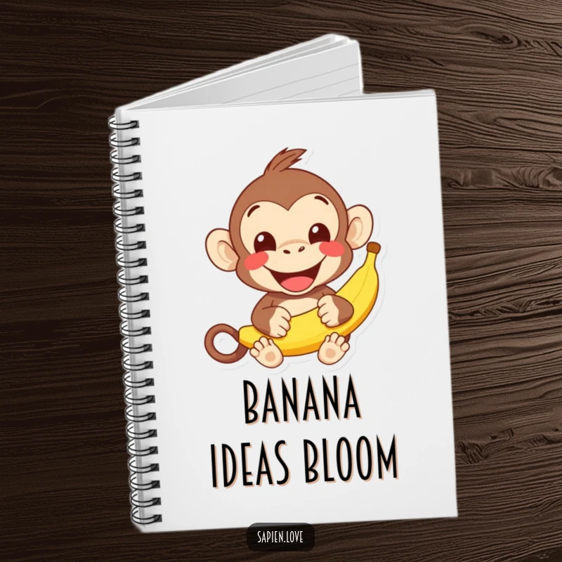 Funny kawaii monkey banana notebook, a cheerful character offering a banana, perfect for notes and happy ideas.