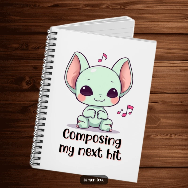 Funny notebook cover featuring an alien with large ears happily listening to a musical note, perfect for capturing ideas.