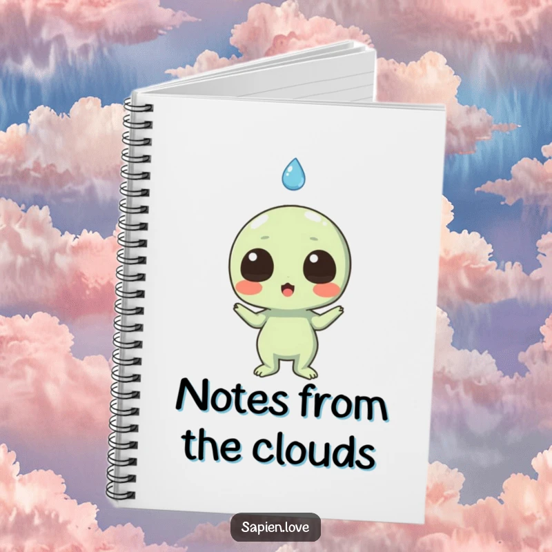 Funny notebook cover featuring a surprised alien character looking at a falling, smiling raindrop, encouraging creative thoughts.