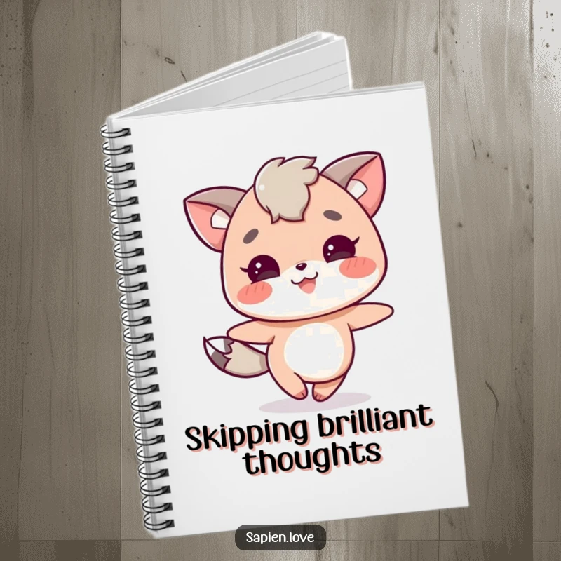 Funny notebook featuring a joyful character with animal traits skipping with delight. A fun funny gift for note-taking.
