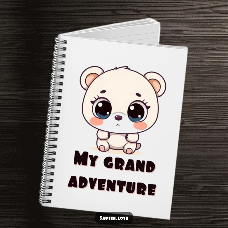 Funny bipedal bear with large, curious eyes exploring, a humorous notebook for capturing ideas.