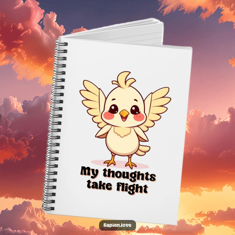 Smiling bipedal avian creature flapping its wings with joy on a notebook, ideal for jotting joyful thoughts.