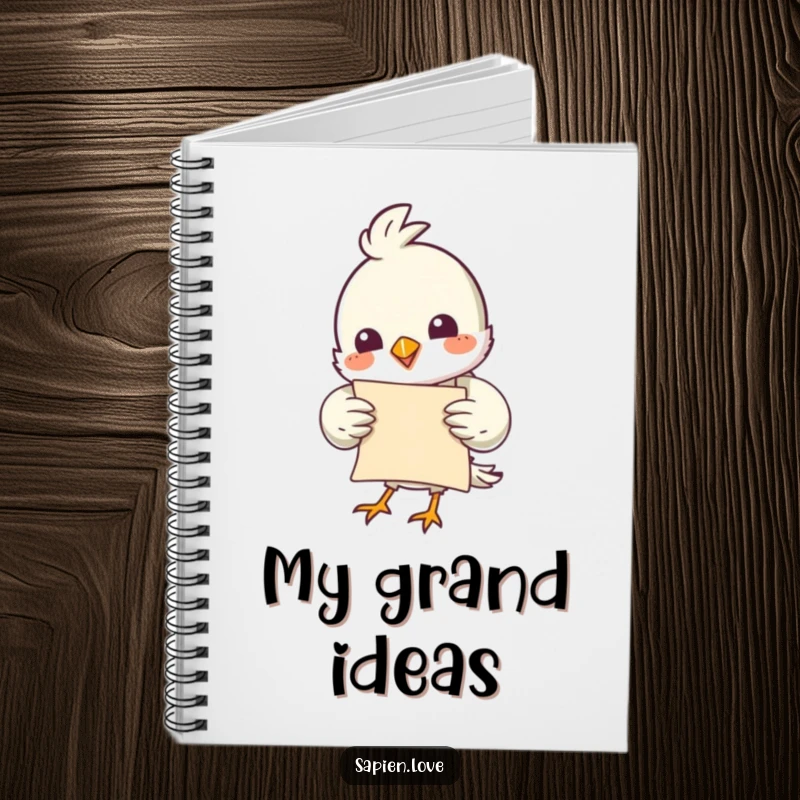 Funny bird character with a rolled parchment, ready to take notes, featured on a stylish notebook.