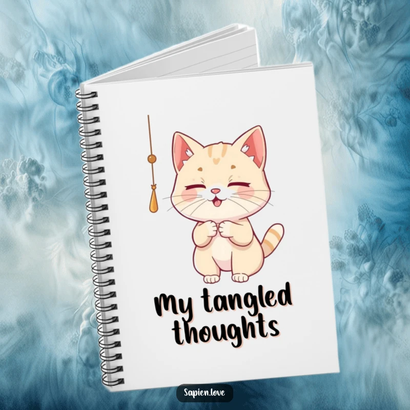 Funny Cat Notebook featuring a playful cat character batting at a dangling string, perfect for notes and doodles.