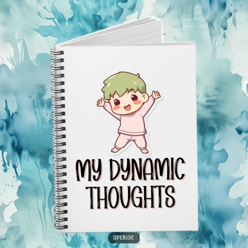 Funny Notebook: A kawaii human character strikes a dynamic and playful pose, ready to capture energetic thoughts and fun ideas.