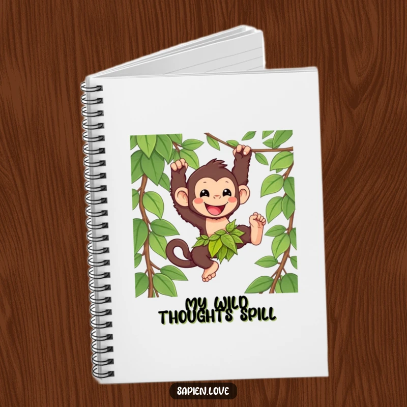 Funny kawaii primate notebook, a happy character swinging from a vine, perfect for notes and jungle ideas.