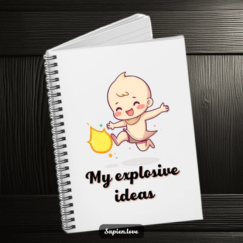 Funny notebook cover featuring a character gleefully kicking a small, glowing meteor, designed to inspire bold ideas and enthusiastic note-taking.