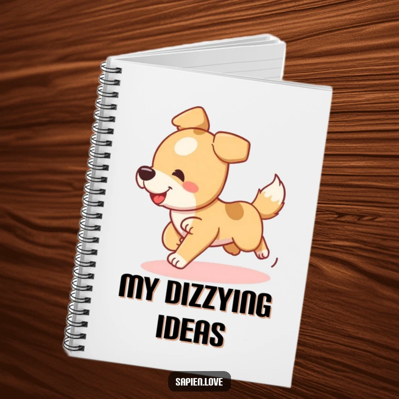 Funny Dog Notebook featuring a playful dog character chasing its tail, perfect for note-taking and doodling.