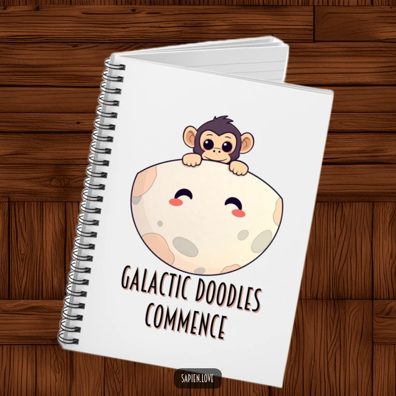 Funny notebook with a curious primate peeking over a smiling planet, ideal for journaling, sketching, and capturing cosmic thoughts.