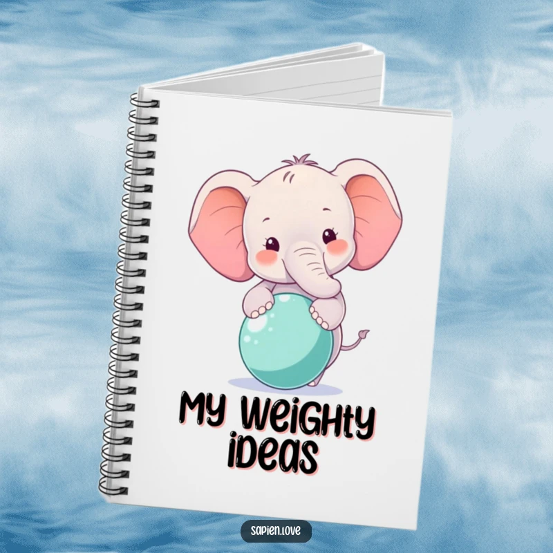 Funny Elephant Notebook featuring a smiling elephant character balancing a ball, ideal for journaling and note-taking.
