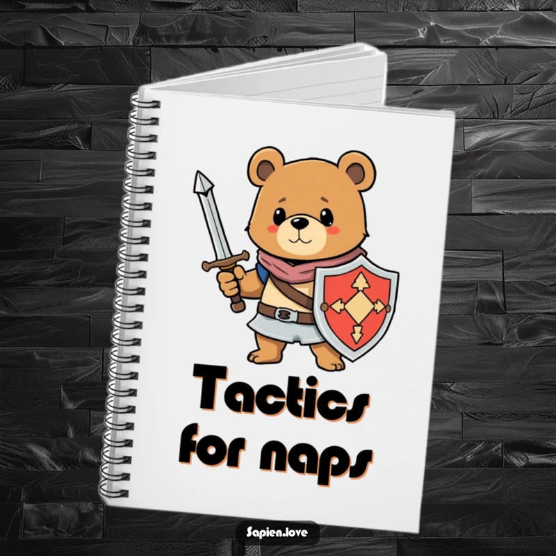 Funny notebook showcasing a bear character with a sword and shield, ideal for jotting down brave plans and witty insights.