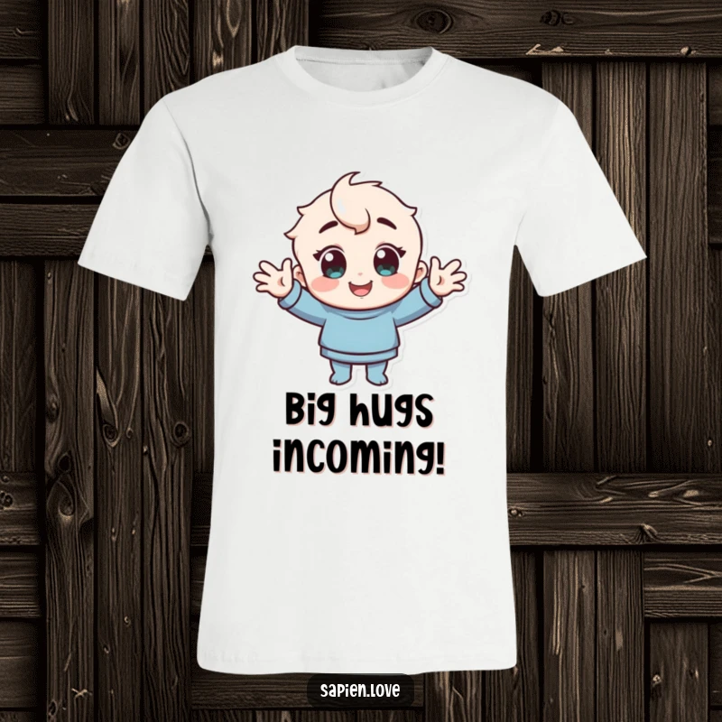 Funny T-Shirt: A character with cheerful eyes offers a greeting with open arms.