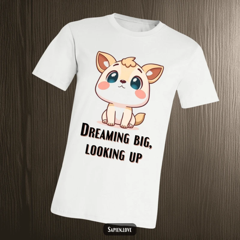 Funny t-shirt showing an adorable character with animal features looking up at the sky with a curious and hopeful expression.