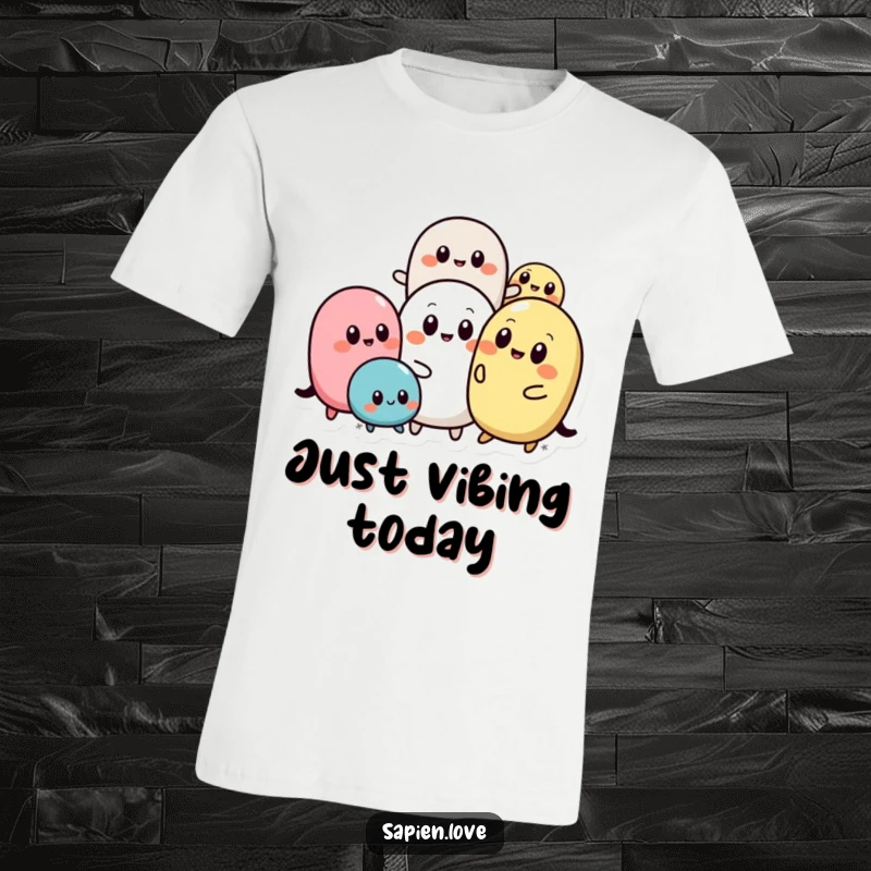 Funny Abstract Pals t-shirt with assorted rounded shapes, each with simple eyes, playfully interacting in a dynamic and cheerful composition.