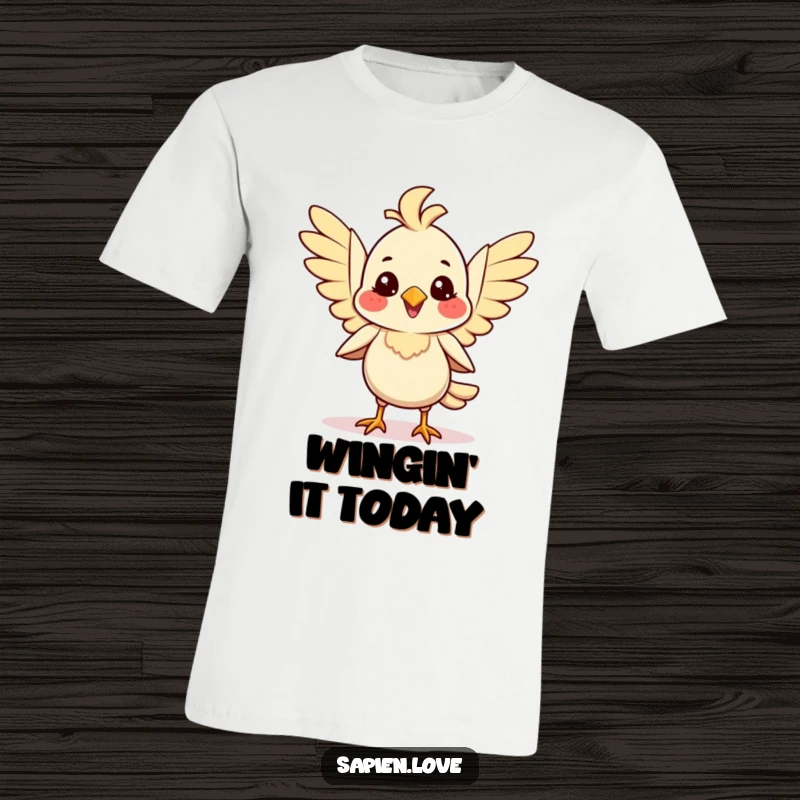 Smiling bipedal avian creature flapping its wings with joy on a t-shirt, showcasing expressive happiness.