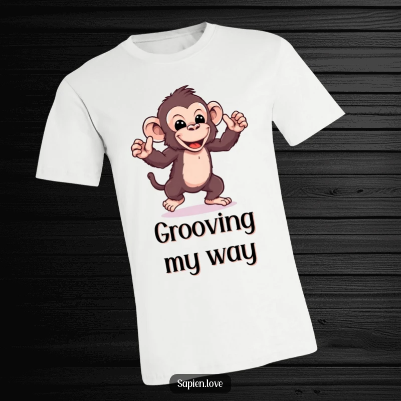 Funny kawaii ape dance t-shirt, a playful character with exaggerated dance moves, energetic and humorous apparel.