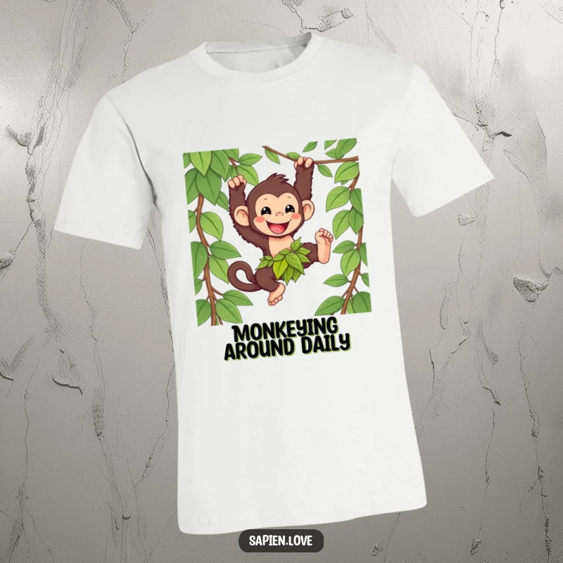 Funny kawaii primate t-shirt, a happy character in a loincloth swinging from a vine, wild and humorous design.
