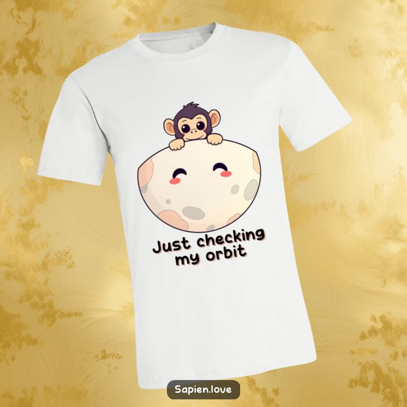 Funny t-shirt with a curious primate peeking over a giant, smiling planet, celebrating space exploration with a humorous twist.