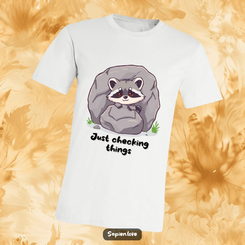 Funny bipedal raccoon character peeking from behind a large rock on a t-shirt, a humorous and charming design.