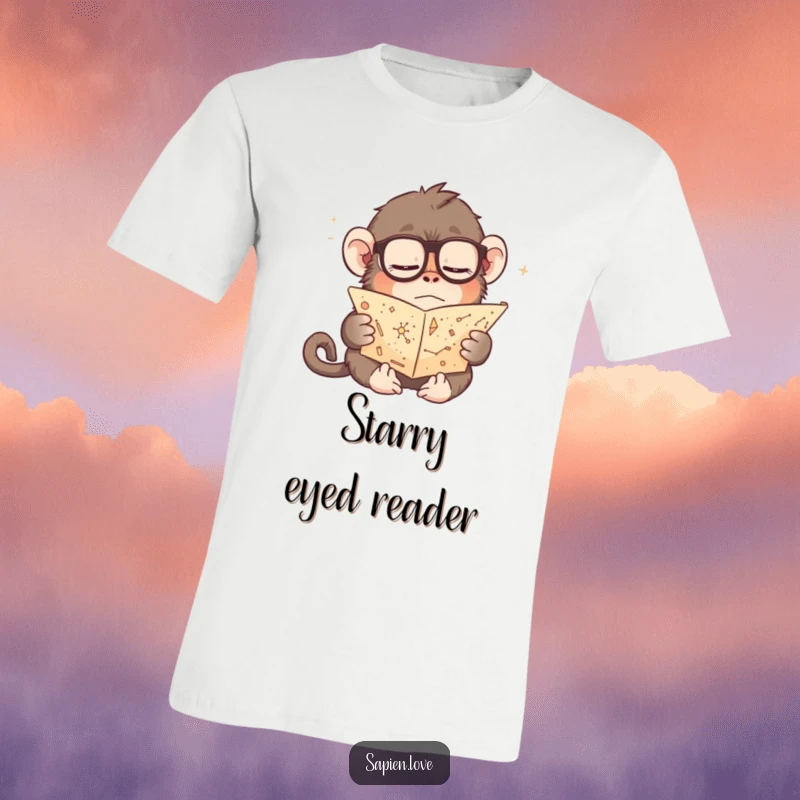 Funny t-shirt with a drowsy chimpanzee wearing spectacles, intently reading a miniature scroll depicting star constellations, highlighting a love for knowledge and rest.