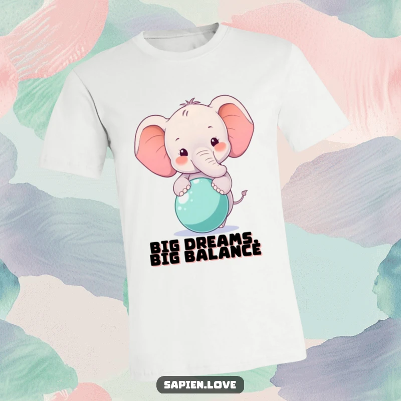 Funny Elephant T-Shirt depicting a smiling elephant character performing a balancing act with a ball.