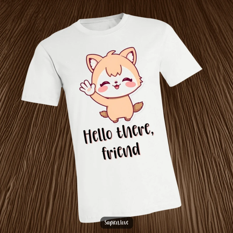 Funny T-Shirt: A whimsical character with adorable animal ears and a joyful expression waves energetically, spreading cheer.