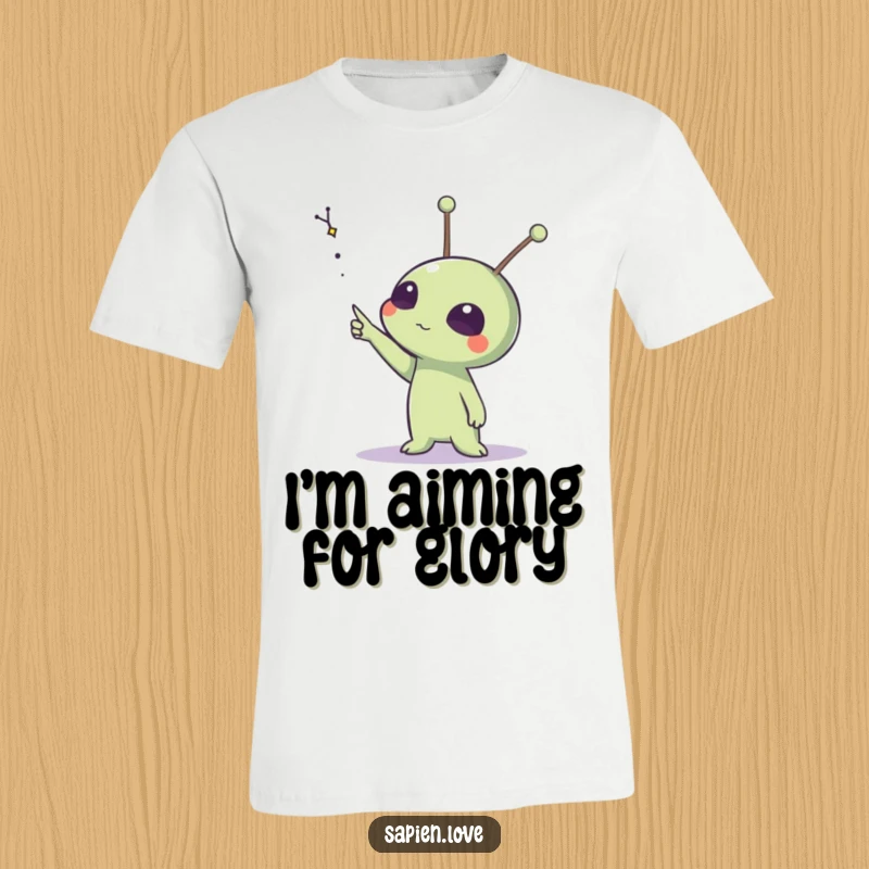 Funny t-shirt graphic of an alien with expressive antennae pointing energetically at a distant, celestial constellation.