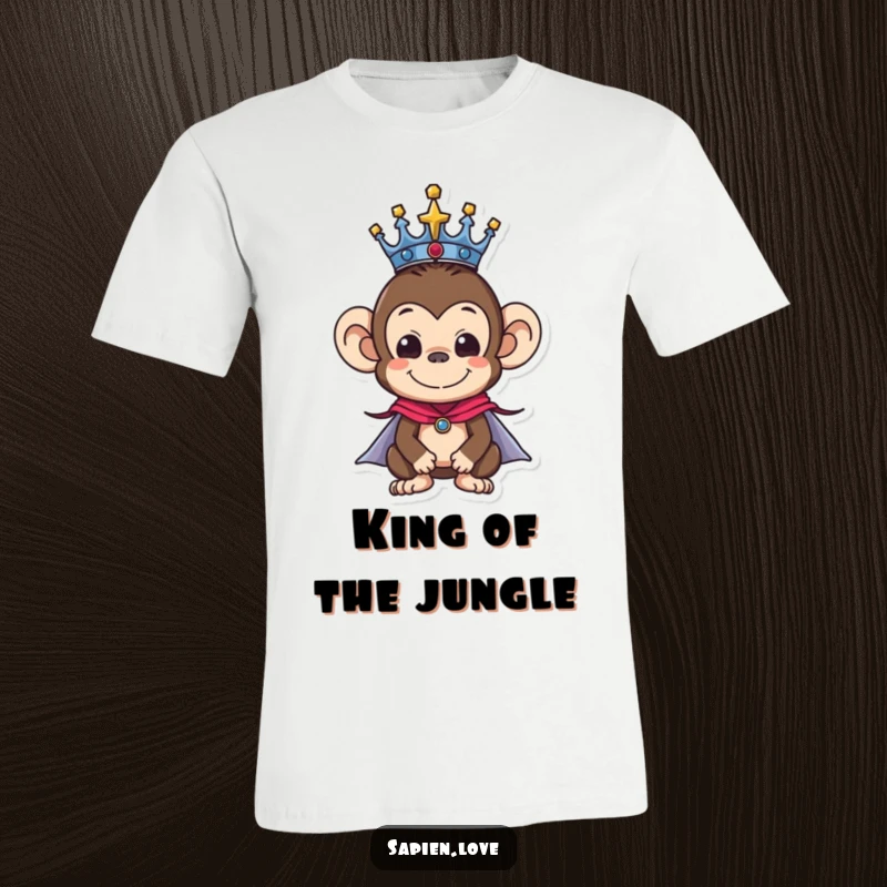 Funny t-shirt featuring a monkey character royally dressed in a crown and cape, looking decidedly amusing and in charge.