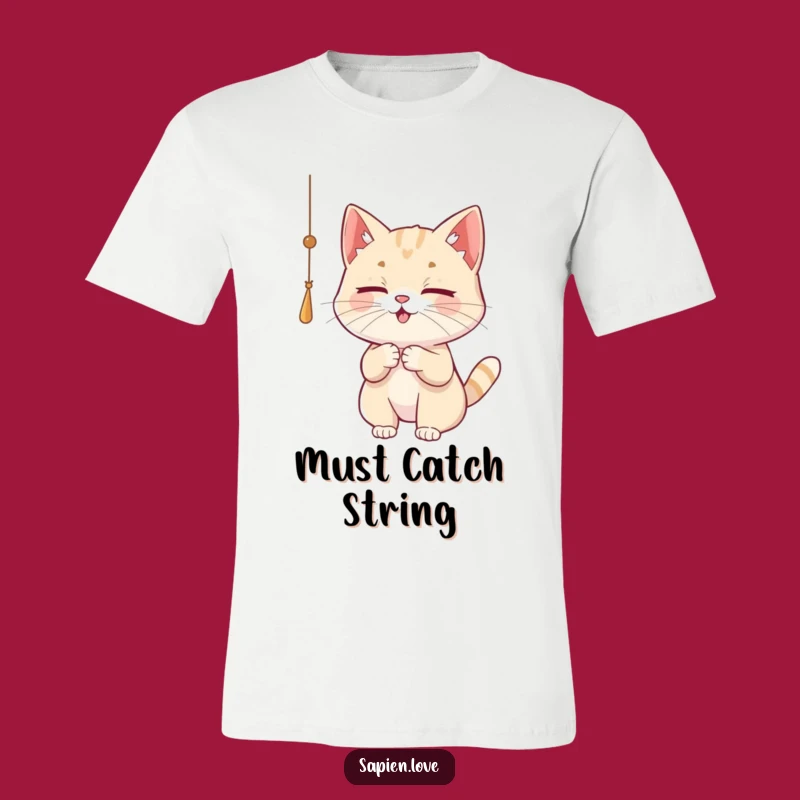 Funny Cat T-Shirt - Playful Kitty Batting String Tee for Feline Fans