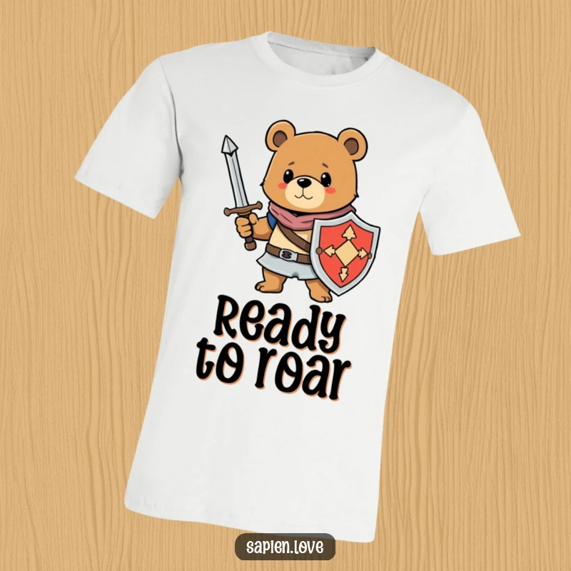 Funny t-shirt featuring a bear character in armor, holding a sword and shield, projecting a powerful yet amusing presence.