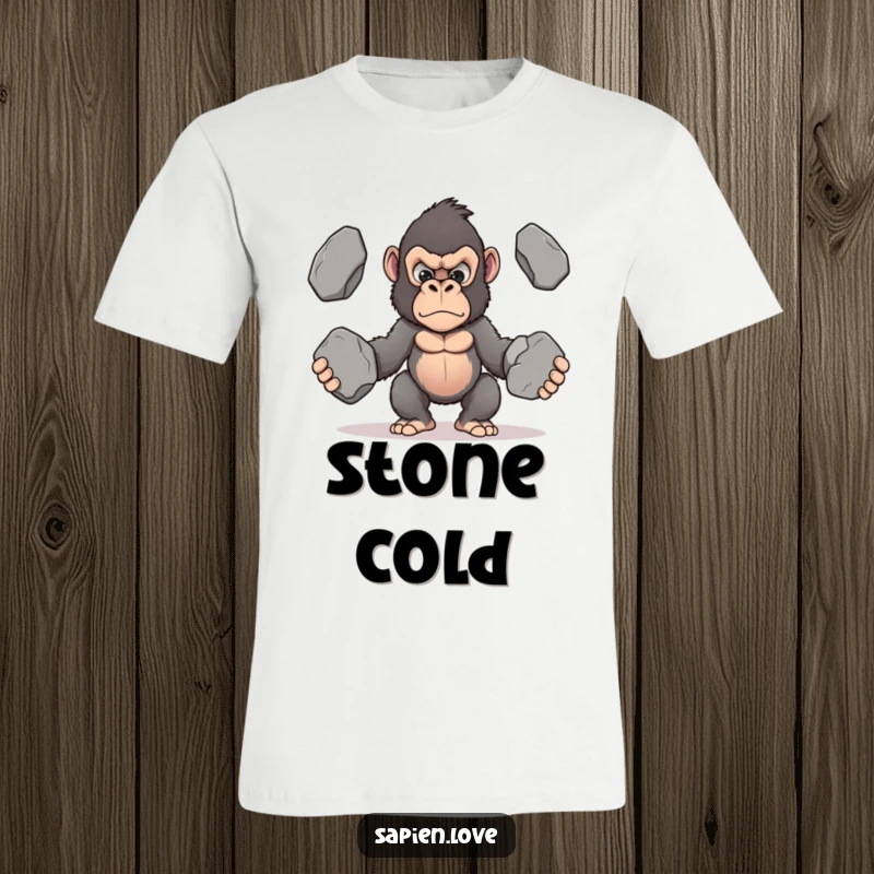 Funny Kawaii Gorilla T-Shirt, a determined gorilla juggling stones, conveying strength and ambition.