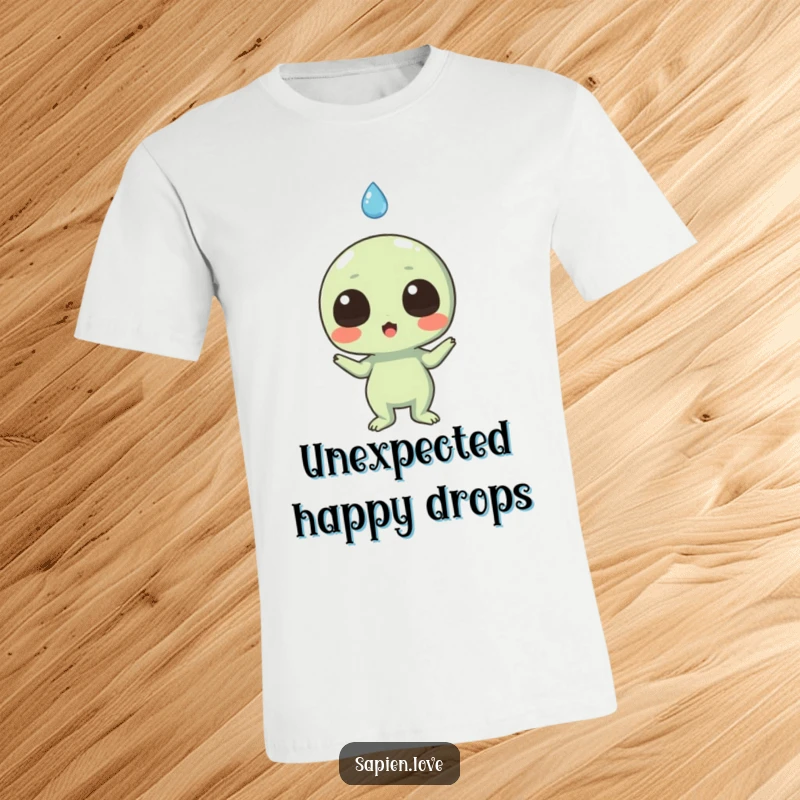 Funny t-shirt graphic of an excited alien looking comically shocked as a smiling raindrop descends towards it.