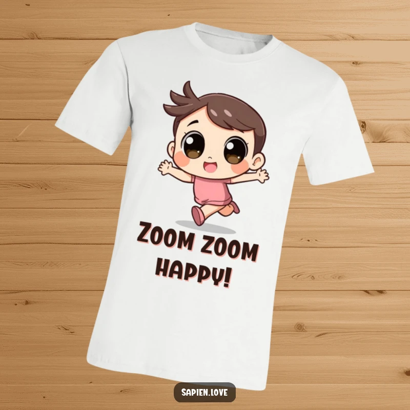 Funny Kawaii T-Shirt: A cute character with large eyes is running with great excitement.